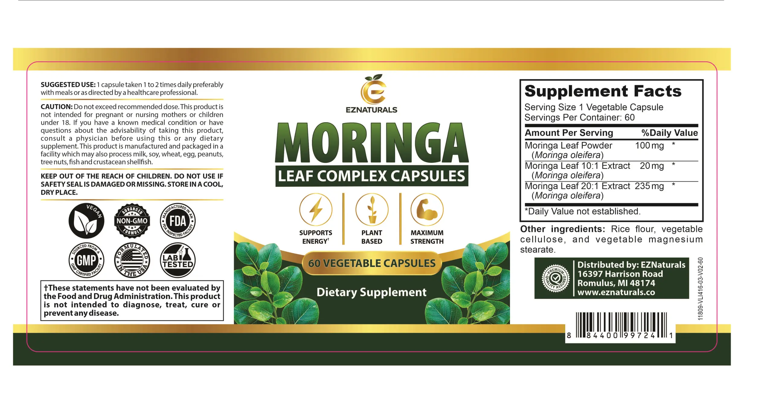 Moringa Leaf Complex label showing suggested use, cautions and the Supplement Facts panel